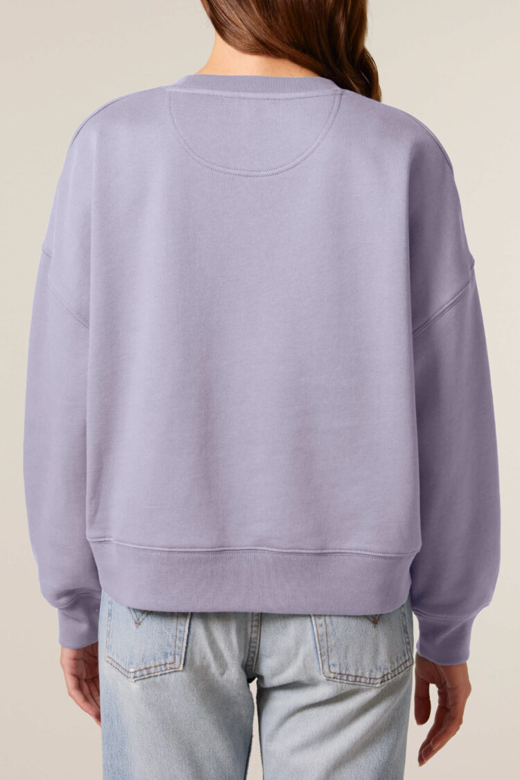 ästhetika Frauen Sweatshirt – MUSCHIS GEGEN MERZ lavendel/orange Rückseite