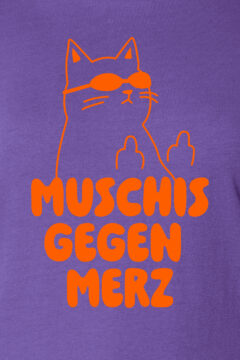ästhetika Frauen T-Shirt – MUSCHIS GEGEN MERZ lila/orange Vorderseite