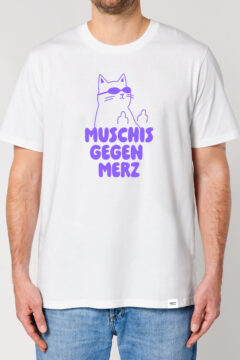 ästhetika T-Shirt – MUSCHIS GEGEN MERZ weiß/lila Vorderseite