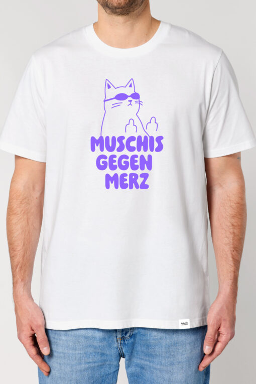&auml;sthetika T-Shirt &ndash; MUSCHIS GEGEN MERZ wei&szlig;/lila Vorderseite