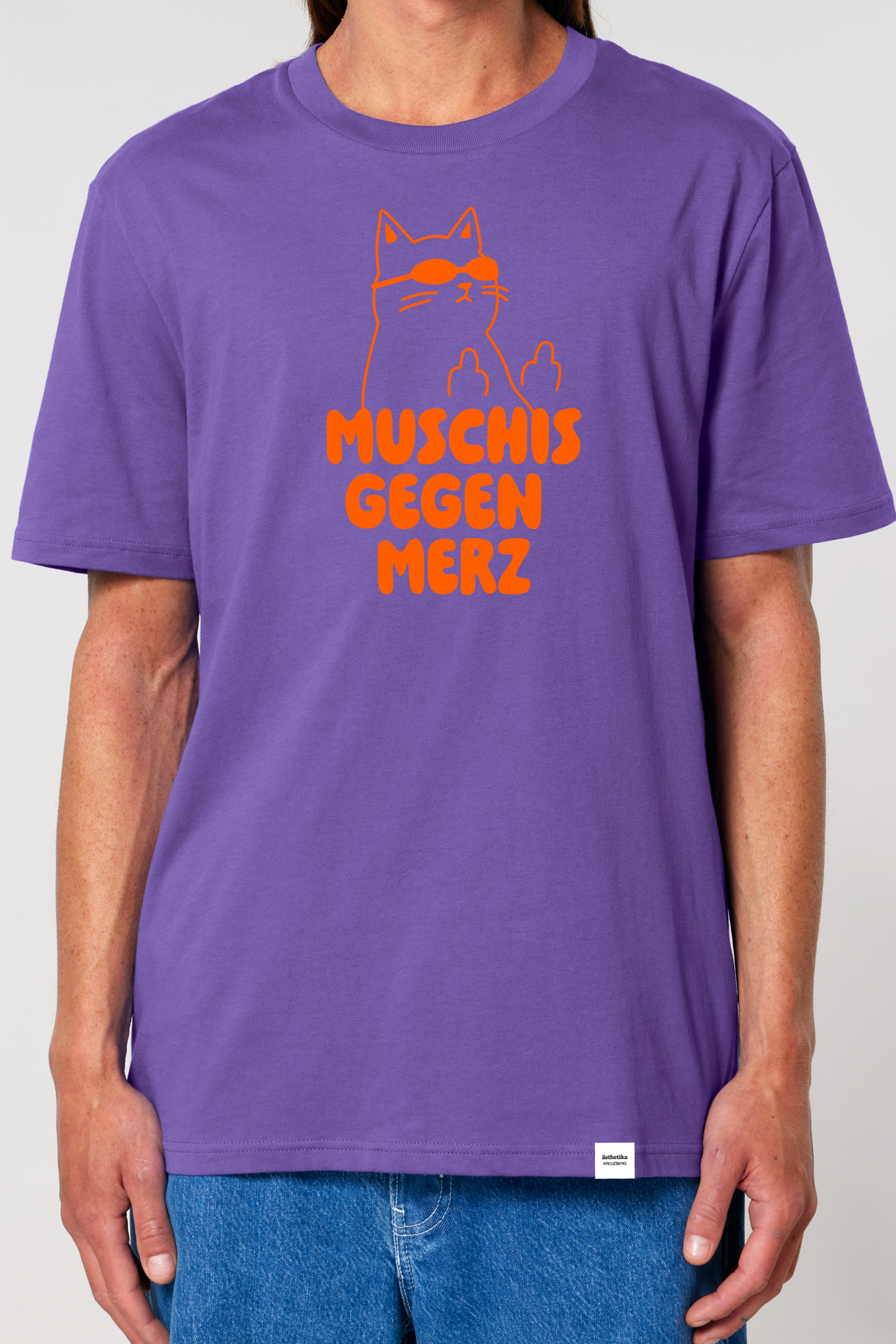 ästhetika T-Shirt – MUSCHIS GEGEN MERZ lila/orange Vorderseite