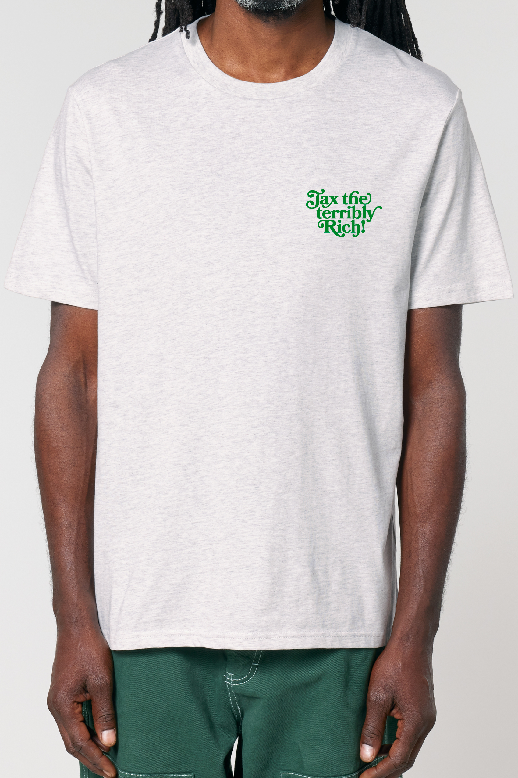 ästhetika T-Shirt – TAX THE TERRIBLY RICH hellgrau/grün Vorderseite