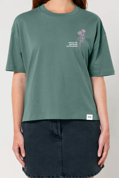 ästhetika T-Shirt-Cropped – DESTROY THE PATRIARCHY NOT THE PLANET buchtgrün/weiß/rosa Vorderseite