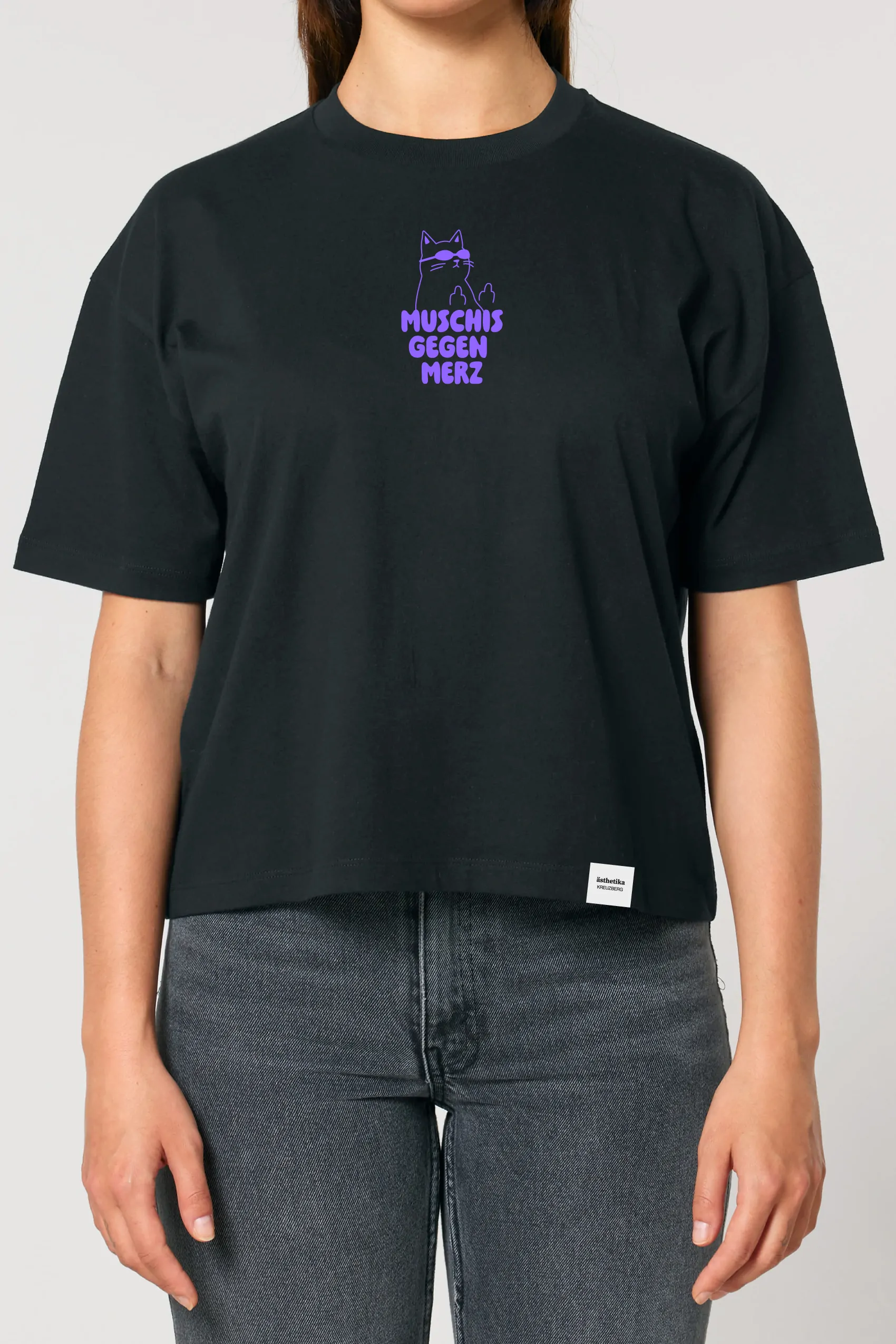 ästhetika T-Shirt Cropped – MUSCHIS GEGEN MERZ black/purple Front